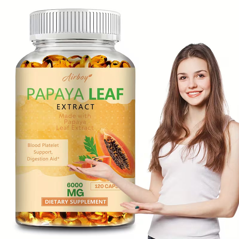 Supplement bottle labeled 'Papaya Leaf Extract' with a woman holding it on a white background