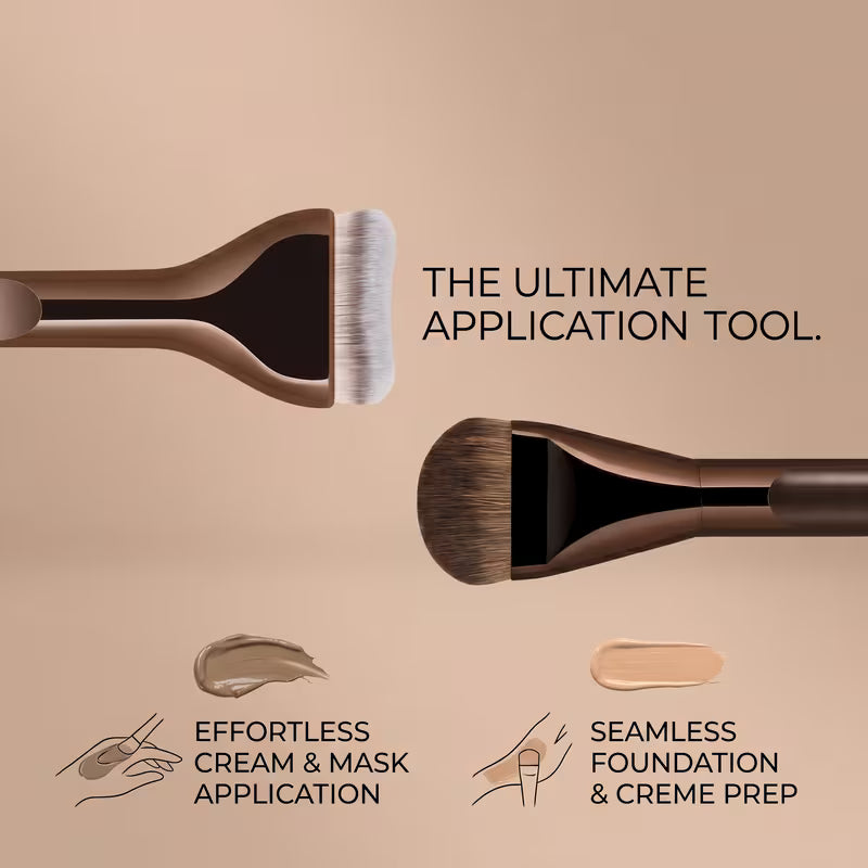 Makeup brush with text highlighting its features on a beige background