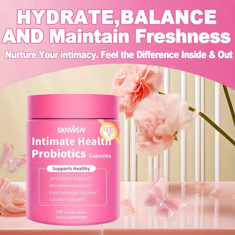 Pink container of intimate health probiotics with flowers in the background