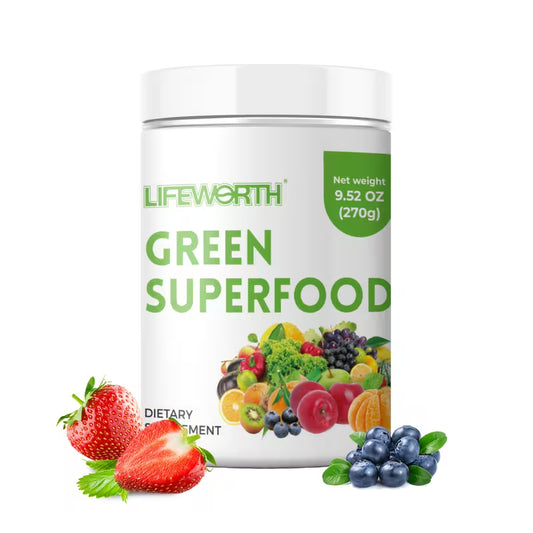 Lifeworth Green Superfood container with fruits and vegetables on a white background