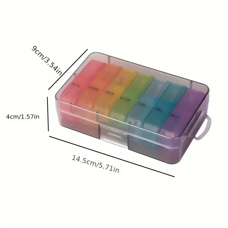 Multicolored pill organizer with dimensions labeled on a white background