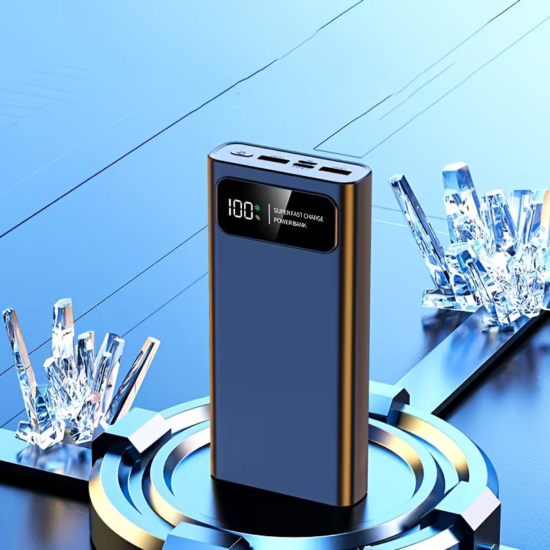 Power bank with digital display on a blue geometric background