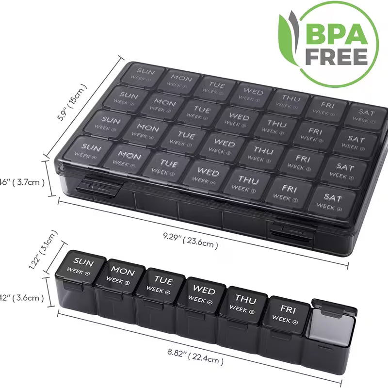 Black pill organizer with labeled days of the week and dimensions on a white background, featuring a BPA-free label.