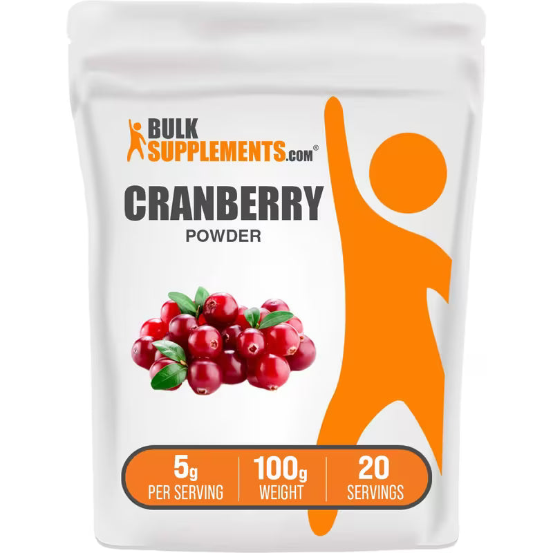 Package of Bulk Supplements Cranberry Powder with cranberries and a silhouette of a person on a white background