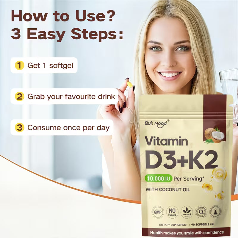 Vitamin D3+K2 supplement packaging with a woman holding it and instructions on how to use.