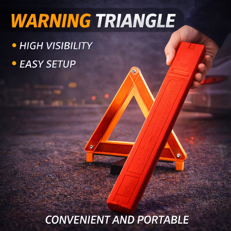 Orange warning triangle held by a hand with text highlighting features on a dark background