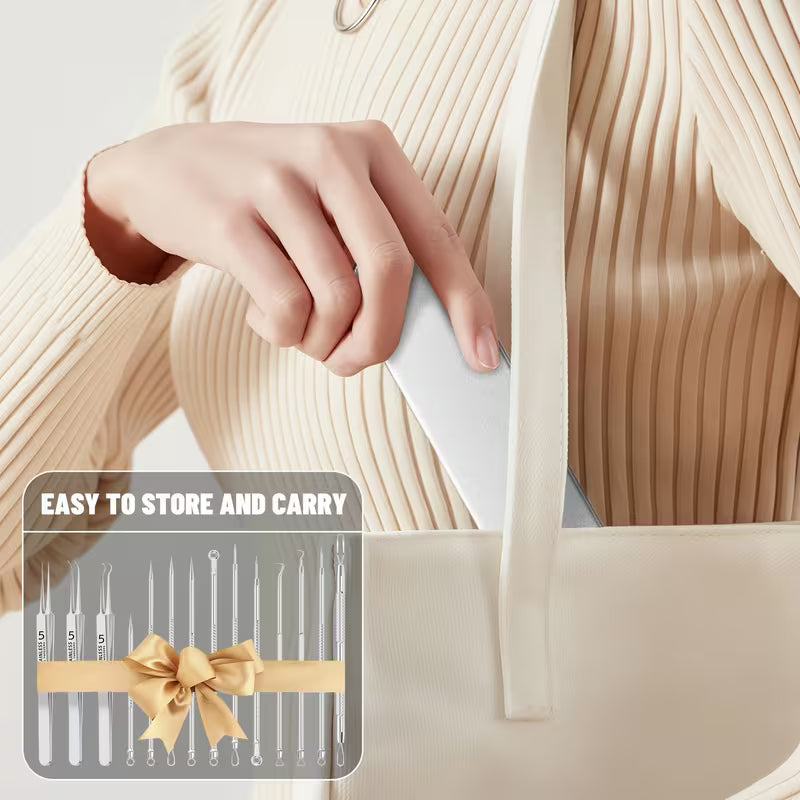 Hand holding a white pouch with a clear case containing needles and a gold bow, set against a neutral background.