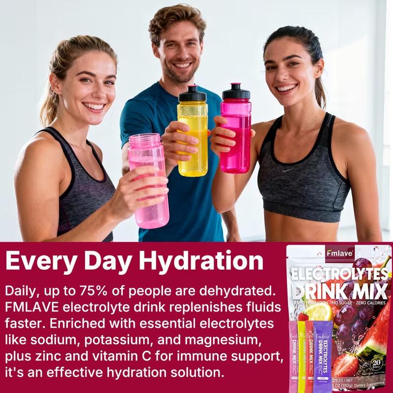 Three people holding colorful water bottles with a promotional text about FMLAVE electrolyte drink mix.