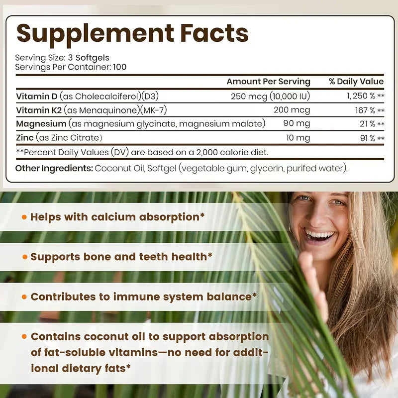 VEV Vitamin D3 K2 10,000IU + Magnesium | 300 Softgels Peaceful Pleasures