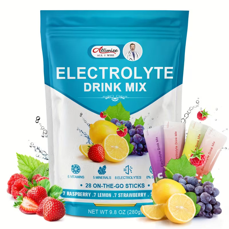 Electrolyte drink mix package with fruits and drink sticks on a white background