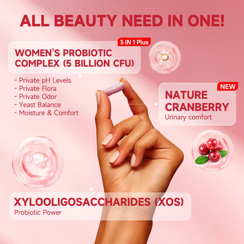 Product advertisement with a hand holding a supplement, highlighting probiotic benefits on a pink background.