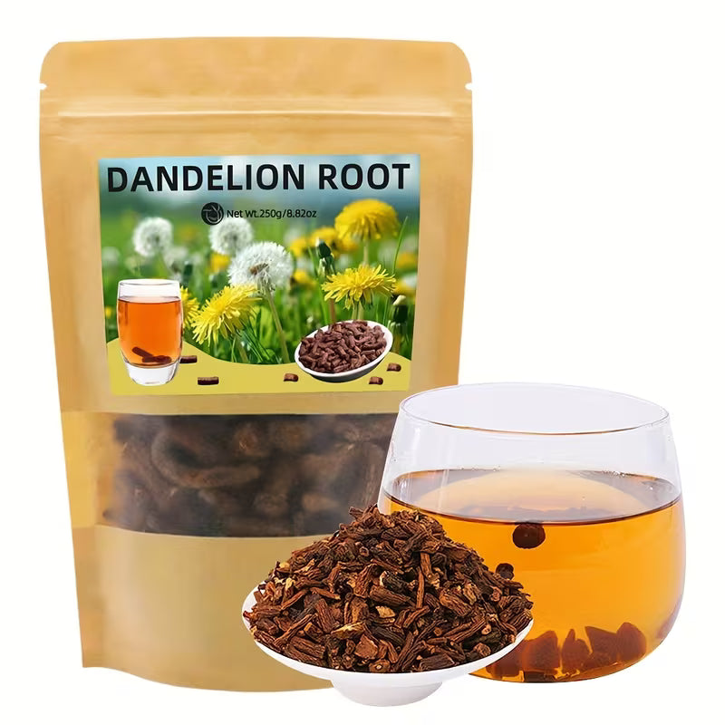 Dandelion root packaging with a glass of tea and dandelion flowers on a white background