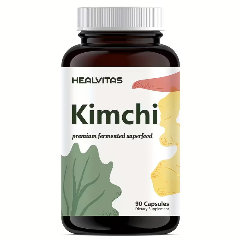 Supplement bottle labeled 'Kimchi' by Healvitas on a white background