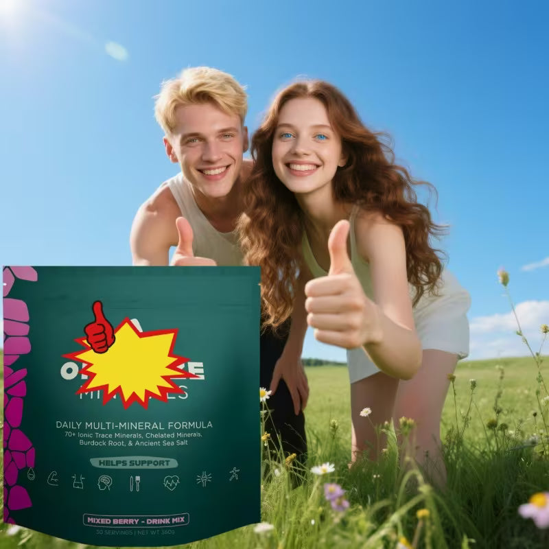 Two people giving thumbs up in a field with a supplement package in the foreground.