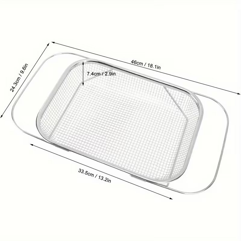 Rectangular metal mesh tray with dimensions indicated on a white background