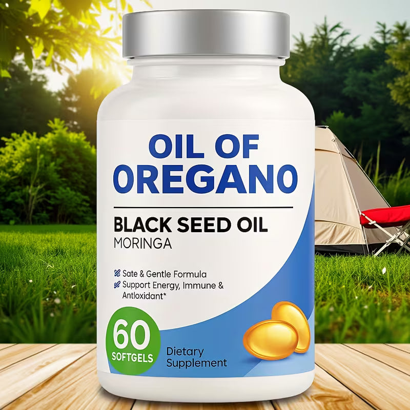 Supplement bottle labeled 'Oil of Oregano' with a scenic background