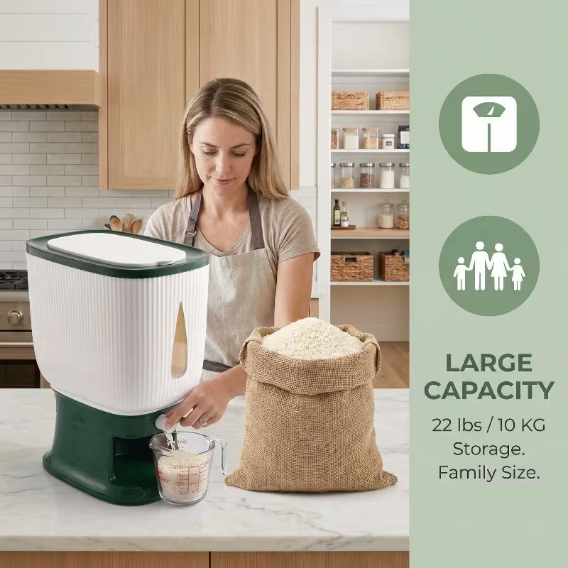 Woman in a kitchen using a large capacity food storage container with text on its right.