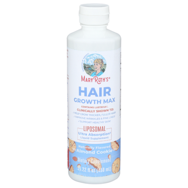 Bottle of Mary Ruth's Hair Growth Max supplement on a white background