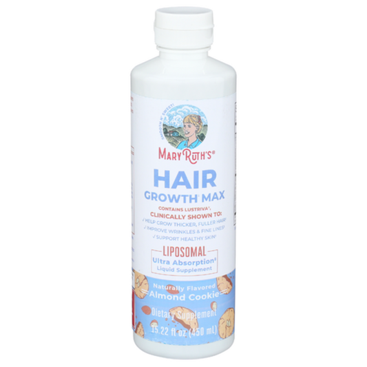 Bottle of Mary Ruth's Hair Growth Max supplement on a white background