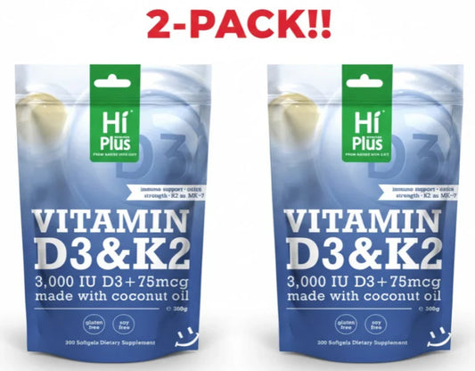 Hi Plus Vitamin D3 3000 IU + K2 MK-7 2-Pack – 600 Softgels Dietary Supplement Hi Plus