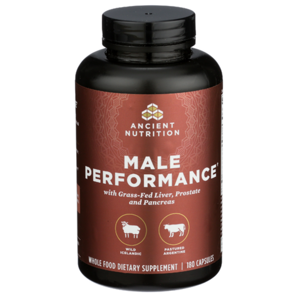 Supplement bottle labeled 'Male Performance' by Ancient Nutrition on a white background