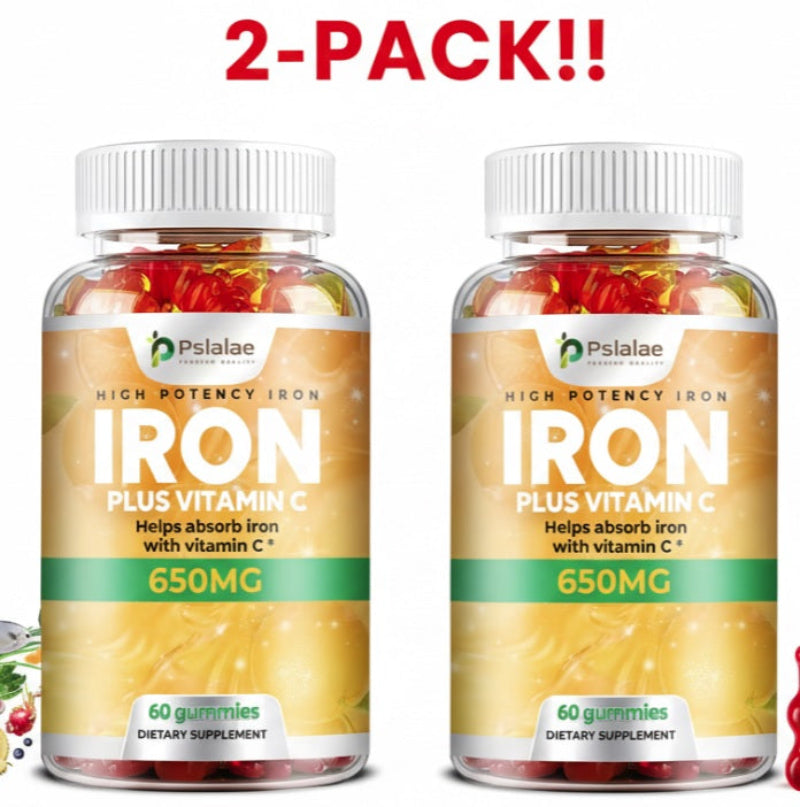 Two bottles of Psalae Iron Plus Vitamin C gummy supplement with a 2-pack label on a white background.