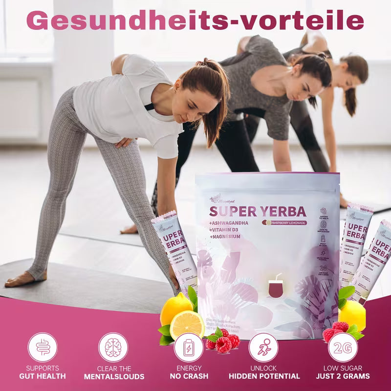 Super Yerba supplement packaging with people exercising in the background