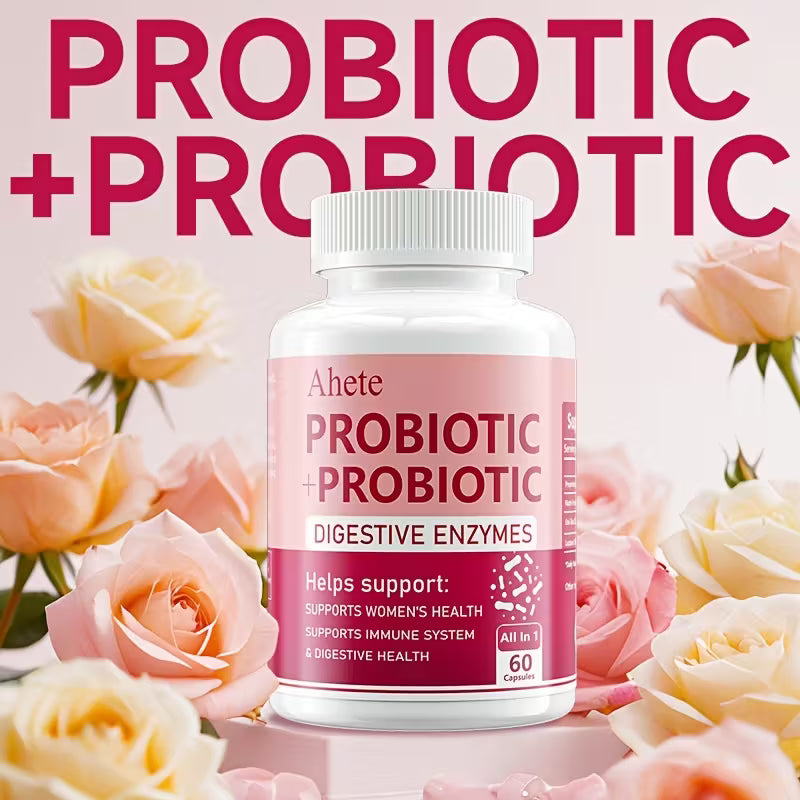 Probiotic supplement bottle with pink label on a background of roses