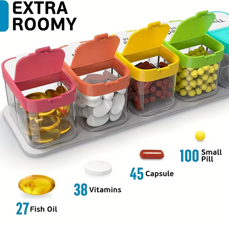 Colorful pill organizer with different compartments for various types of pills on a white background.