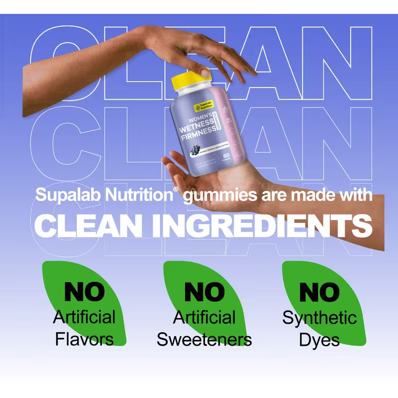 Supalab Nutrition gummies being held with text about clean ingredients on a blue background