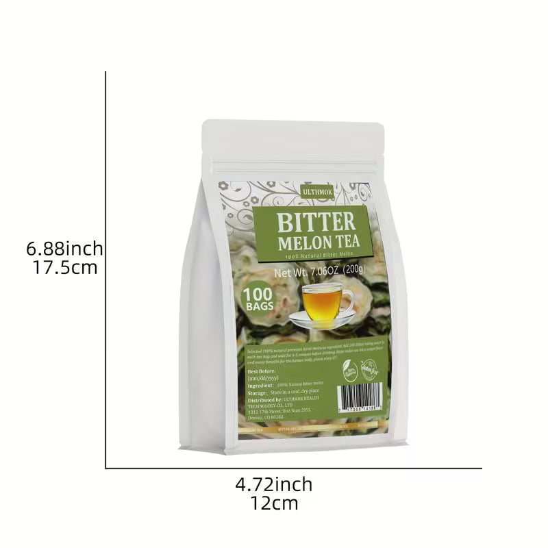 Bitter melon tea package with dimensions on a white background