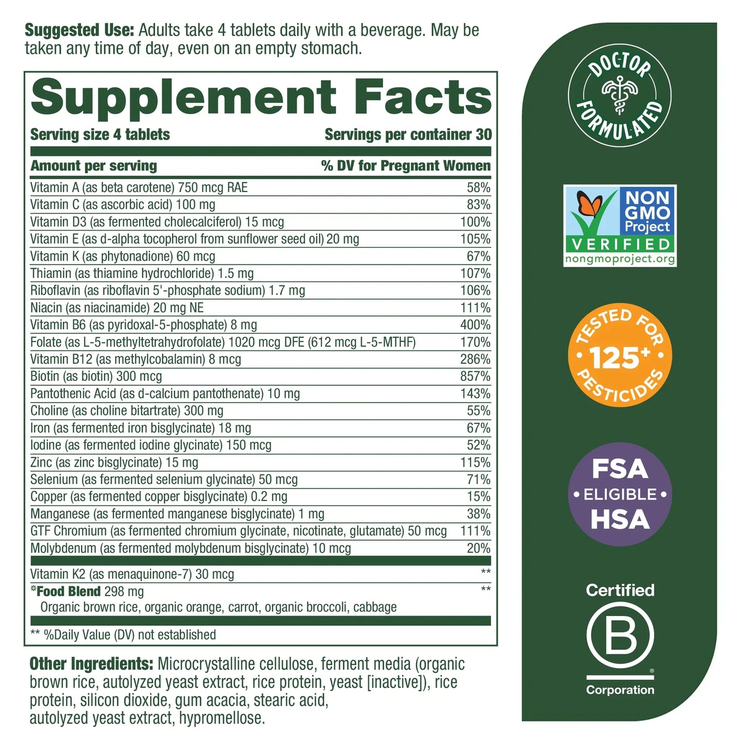 Bottle next to graphic callouts emphasizing Methylated Folate, Choline, Iron, and 'Made with Real Food'.