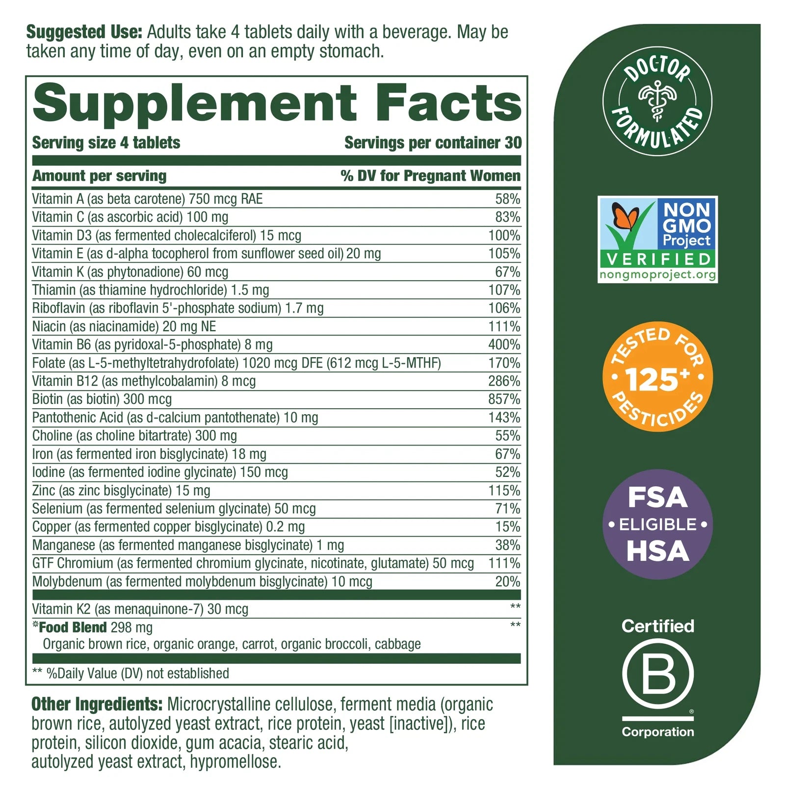 Bottle next to graphic callouts emphasizing Methylated Folate, Choline, Iron, and 'Made with Real Food'.