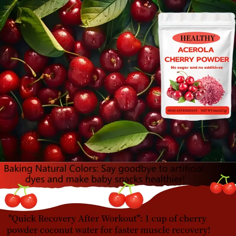 Acerola cherry powder package surrounded by fresh cherries with promotional text.