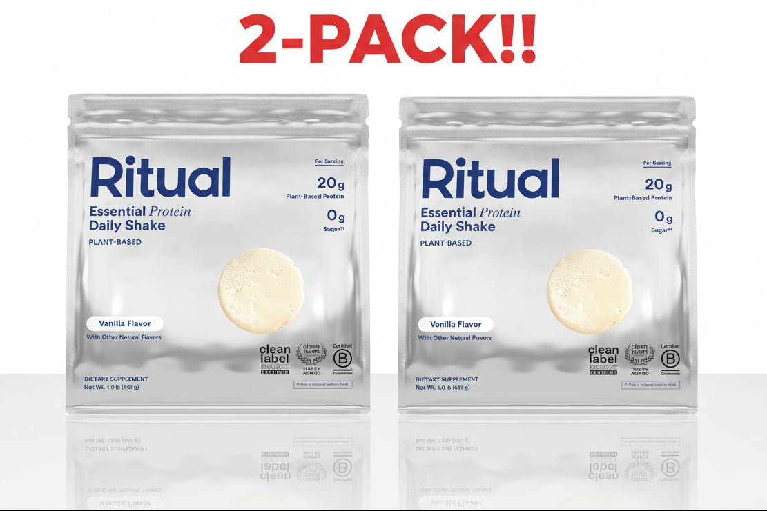Two packages of Ritual Essential Protein Daily Shake on a white background with '2-Pack!!' text above.