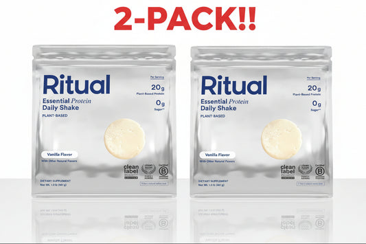 Two packages of Ritual Essential Protein Daily Shake on a white background with '2-Pack!!' text above.