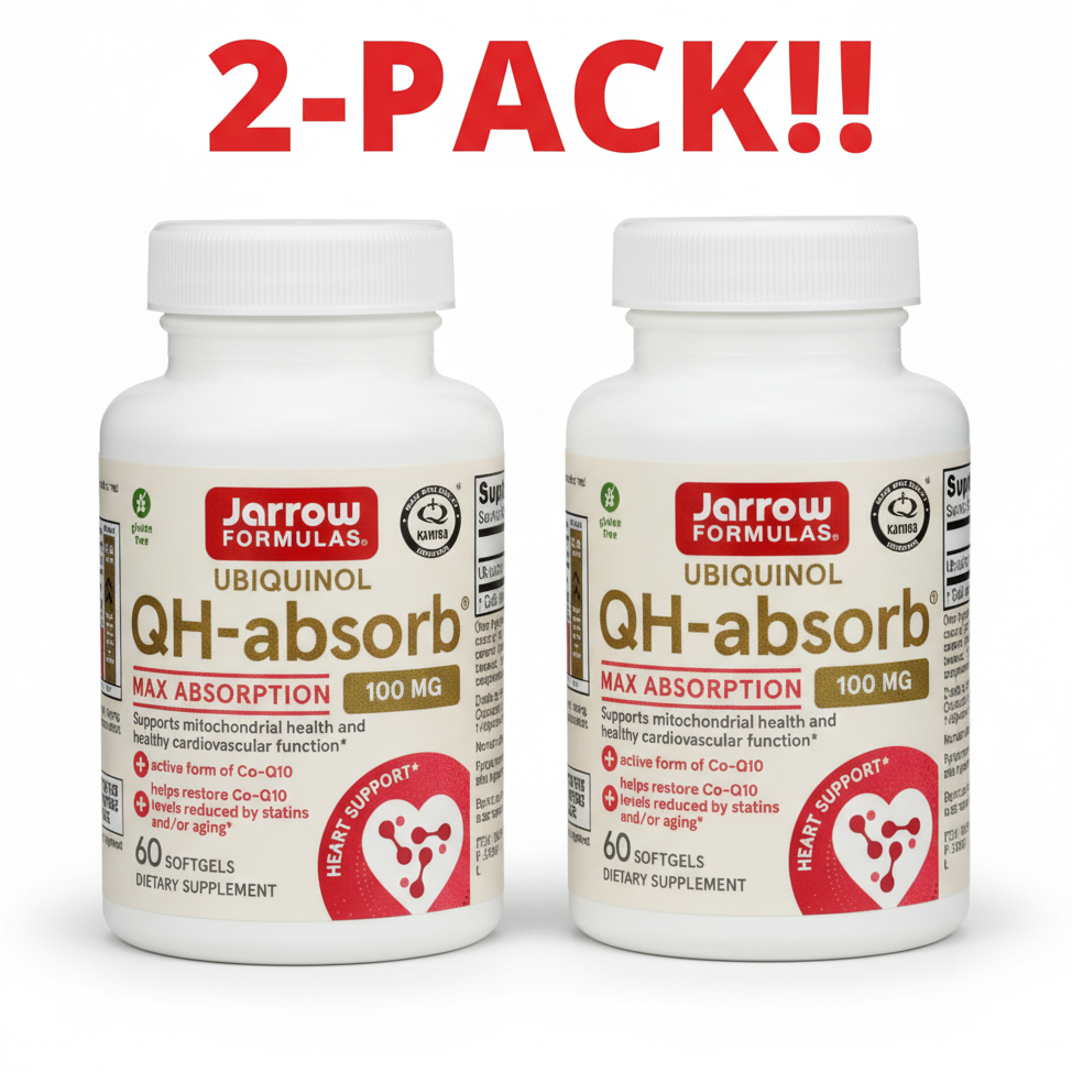 Two bottles of Jarrow Formulas Ubiquinol QH-absorb supplements with a '2-Pack!' label.