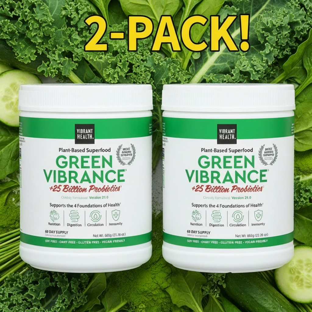 Container of Green Vibrance plant-based superfood with probiotics on a white background