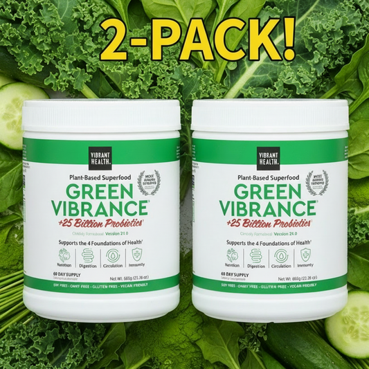 Container of Green Vibrance plant-based superfood with probiotics on a white background