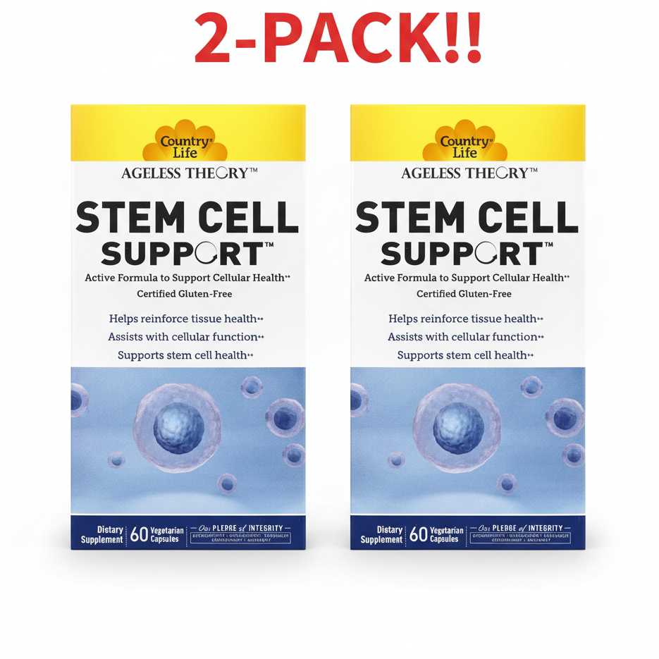 Two bottles of Country Life Ageless Theory Stem Cell Support (60 capsules each) displayed together, clearly highlighting the 2-pack bundle and the cellular renewal focus.