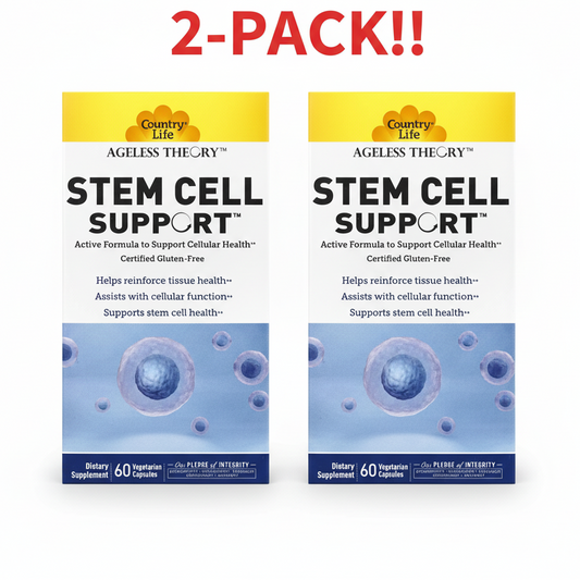 Two bottles of Country Life Ageless Theory Stem Cell Support (60 capsules each) displayed together, clearly highlighting the 2-pack bundle and the cellular renewal focus.