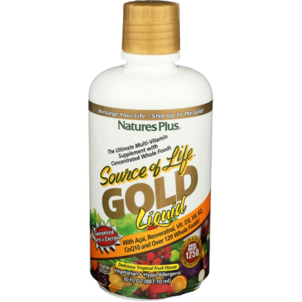 Natures Plus Source of Life Gold Liquid supplement bottle on a white background