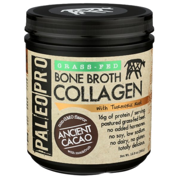 Jar of Paleo Pro Grass-Fed Bone Broth Collagen with Ancient Cacao on a white background