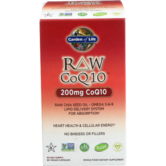 Box of Garden of Life Raw CoQ10 supplement on a white background