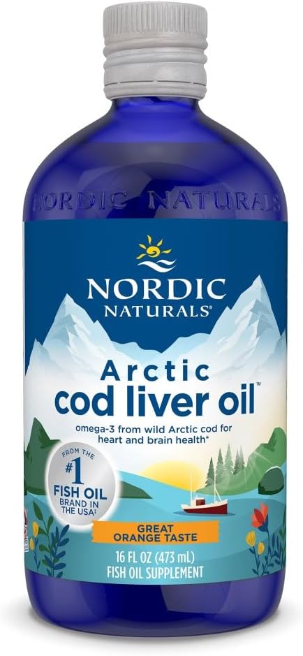 Bottle of Nordic Naturals Arctic cod liver oil with blue label and white cap.