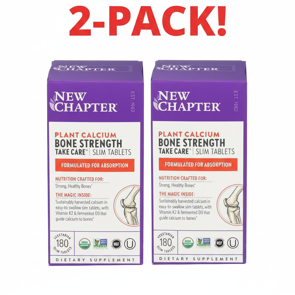 Two bottles of New Chapter Bone Strength Take Care slim tablets (180 count) displayed together, highlighting the 2-pack value.