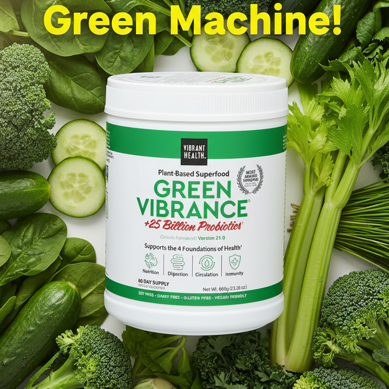 Container of Green Vibrance plant-based superfood with probiotics on a white background