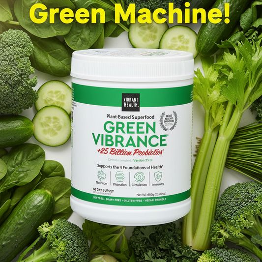 Container of Green Vibrance plant-based superfood with probiotics on a white background