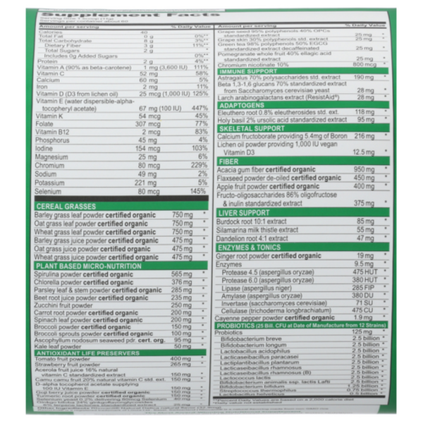 Nutritional label with green and white color scheme on a product packaging.