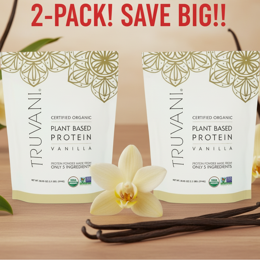 Truvani certified organic plant-based protein powder package with vanilla flavor on a white background